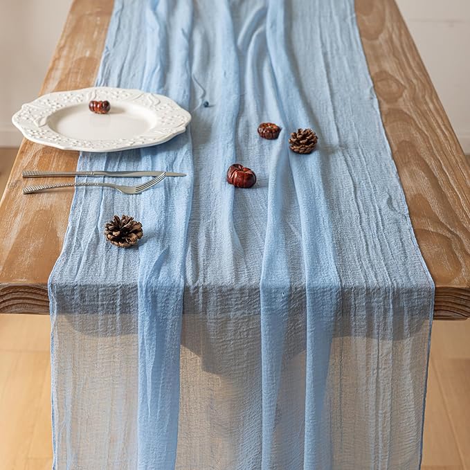 3pcs Light Blue Gauze Rustic Cheesecloth Table Runner 120 Inch 10 FT for Wedding Baby Shower Bridal Shower Birthday Engagement Garden Outdoor Party Long Sheer Boho Decorations