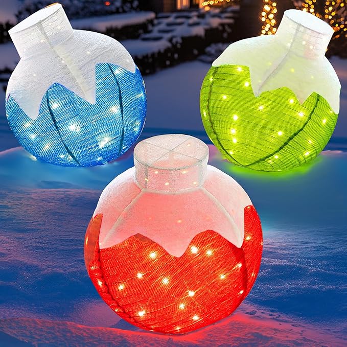 Dazzle Bright Christmas Ball Decorations, 3 Pcs Pre-Lit 270 LED Pop-Up Christmas Ball Set with Base, 8 Modes Lighted Collapsible Balls for Indoor Outdoor Garden Yard Party Xmas Decor