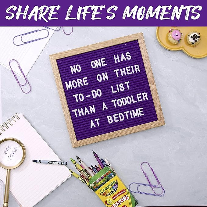 Felt Like Sharing Square Letter Board (Purple Felt - 10”x10”) – Changeable Message Board with 3 Sets of Felt Board Letters – Statement Wall Sign for Quotes, Home or Holiday Decor In Oak Frame