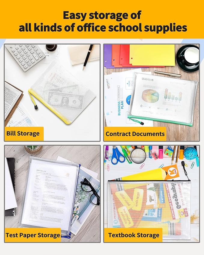 SUNEE Plastic Mesh Zipper Pouch 7x11 in (9 Colors, 18 Packs),Extra Large Water-Resistant Zip Bag for School Office Supplies, Puzzles & Games Organizing Storage