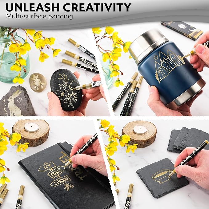 Stylo 8 Count Acrylic Metallic Pens - Gold Paint Pens - Fine Tip Permanent Acrylic Metallic Paint Markers for Rock Painting, Glass, Wood, Ideal for Arts and Crafts (Pack of 8, Gold)