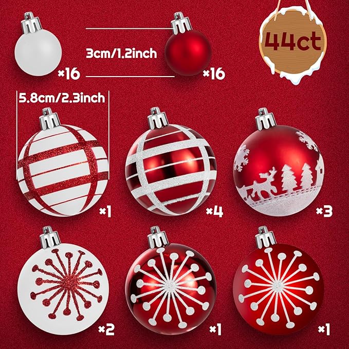 44PCS Christmas Ball Ornaments Set Xmas Tree Decoration Balls 2025 Shatterproof Hanging Colored for Party Wedding Home Party Outdoor Indoor Red & White