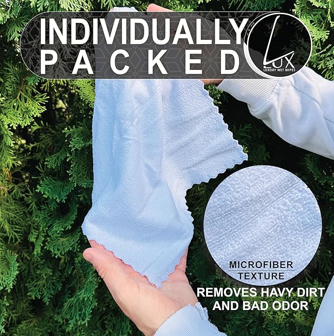 Luxury Wet Wipes, 100 Individually Wrapped Microfiber Textured Non-Scented Personal Hygiene Cleansing Wipes for women and men. Clean and refresh at the gym, camping, outdoors, and sporting events.