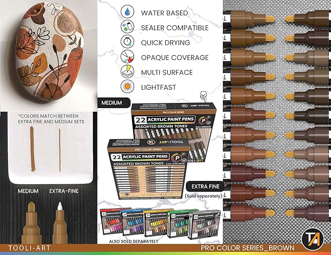 TOOLI-ART 22 Acrylic Paint Markers Pens Pro Color Series Set 3mm Medium Tip for Rock Painting, Glass, Mugs, Wood, Metal, Glass, Canvas, DIY. Non Toxic, Waterbased, Quick Drying (BROWN)