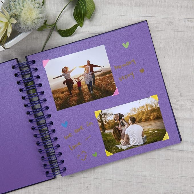 8 x 8 Inch Small DIY Scrapbook Photo Album with Window Design Cover 80 Pages Craft Paper Memory Book for Weeding Family Travel and Baby (Purple)