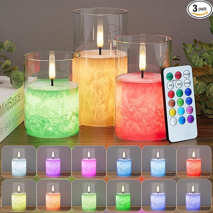 12Colors Ice Crystal Real Wax Glass Flameless Candles with Remote & Timer, Battery Operated Candles with Warm Flickering Flame, Realistic LED Candle for Wedding Home Decor [D3×H4/5"/6"] 3Pack
