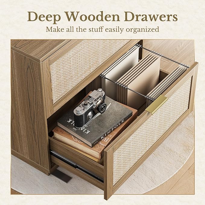 2 Drawer Rattan File Cabinet, 32'' Lateral File Cabinet for Legal/Letter/A4/F4 Size Hanging Files, Wood File Storage for Home Office, Natural Oak