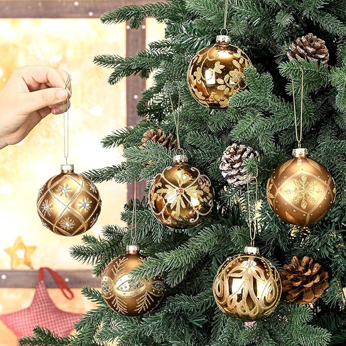 6 Pcs 3.15 Inch Glass Luxury Christmas Ball Bronze and Gold Ball Ornaments Glass Christmas Tree Decorations Luxury Hanging Ornaments for Xmas Tree Party Holiday Decor