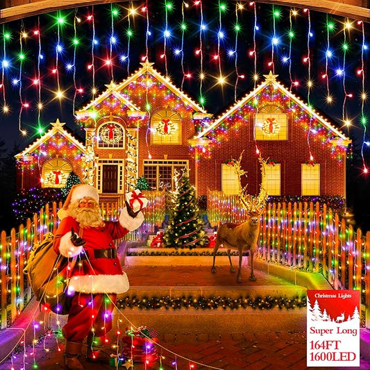 1600 LED 164FT Outdoor Christmas Lights Plug in 8 Modes with Timer Dimmable Christmas Decorations Waterproof Indoor Curtain String Lights for Roof Porch Garden Holiday Wedding Party Decor Multicolor