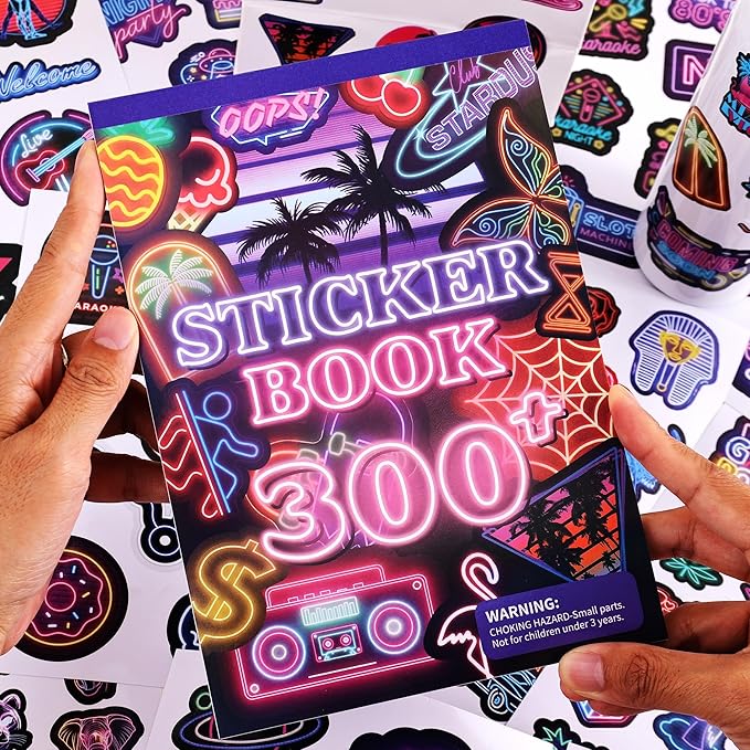 300+ Pieces Cool Neon Stickers Book for Laptop Phone Case Guitar Skateboard Helmet Bike Car Decals Scrapbooking Journaling Notesbook Luggage Water Bottles, Prizes Gift for Kids Teens Classroom Reward