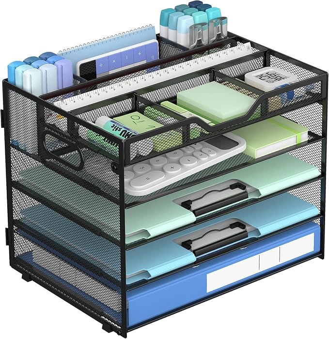 Docnest 5 Tier Mesh Desk Organizer- Letter Tray with Adjustable Compartments, Mesh Desktop Storage Built in Pen Holder and Handles, Desk Organizer Tray for Mail Documents Office Supplies-Black