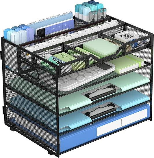Docnest 5 Tier Mesh Desk Organizer- Letter Tray with Adjustable Compartments, Mesh Desktop Storage Built in Pen Holder and Handles, Desk Organizer Tray for Mail Documents Office Supplies-Black