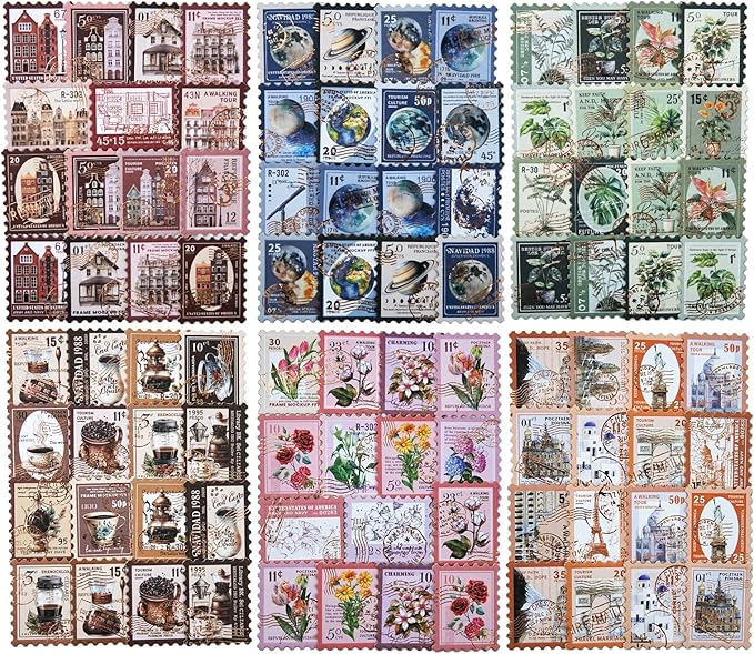 Vintage Stamp Paper Set, 120 PCS Embossed Scrapbook Paper Kit for Journaling, DIY Collage, Card Making, and Art Crafts Supplies