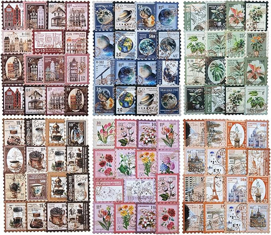 Vintage Stamp Paper Set, 120 PCS Embossed Scrapbook Paper Kit for Journaling, DIY Collage, Card Making, and Art Crafts Supplies