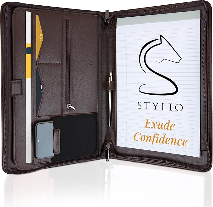 STYLIO Zipper Padfolio Portfolio Binder Organizer (Walnut Color) | Faux Leather Portfolio for Resume, Documents, Phone, Tablet, Business Supplies and Cards | Letter Sized Notepad Included | Brown