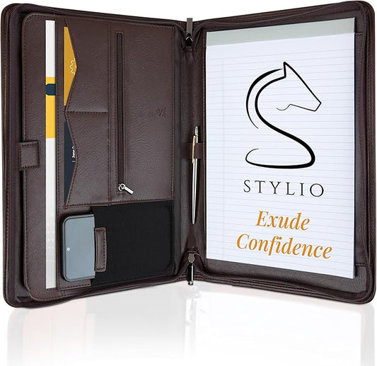 STYLIO Zipper Padfolio Portfolio Binder Organizer (Walnut Color) | Faux Leather Portfolio for Resume, Documents, Phone, Tablet, Business Supplies and Cards | Letter Sized Notepad Included | Brown