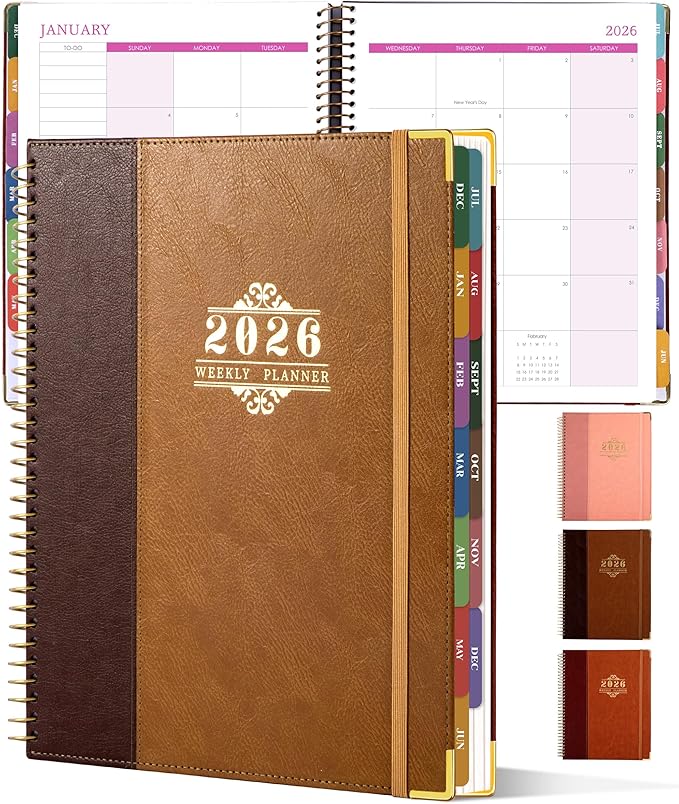 2026 Planner, Weekly and Monthly Calendar Planner Book,Dec 2025 - Dec 2026, Leather Hardcover Spiral Planner with Monthly Tabs, Notes Pages, Perfect for Women & Men, A4 (9.6" x 11.2") - Brown
