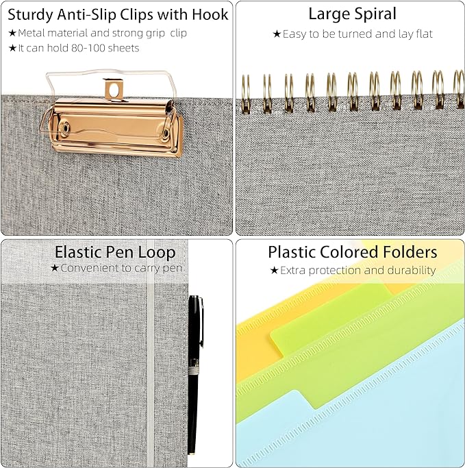 Ospelelf Foldable Spiral Clipboard Folio with Storage Zipper Pouch, 5 Plastic Folders with 10 Pockets,Refillable Lined Notepad (11" x 8.5"), Hardcover Project Organizer with 39 Stickers (Grey)