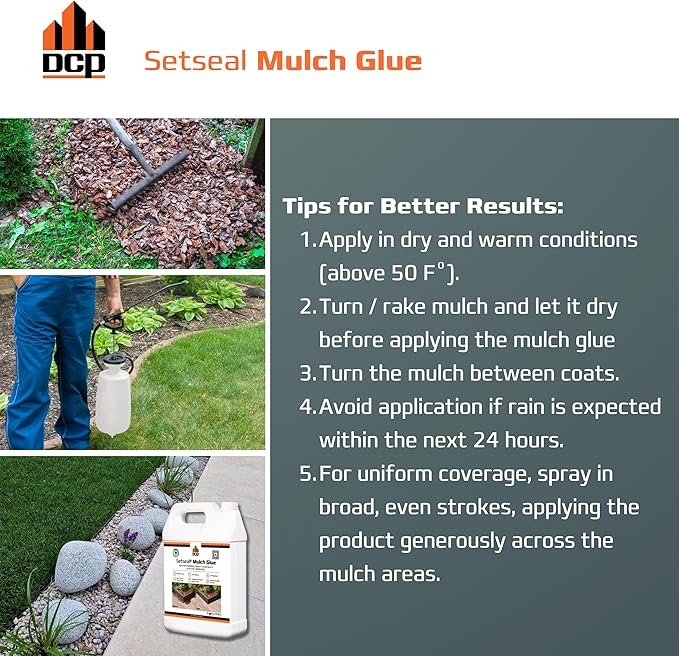 DCP Setseal Mulch Glue for Landscaping 1 Gallon - Gravel Stabilizer & Rock Glue - Works with Mulch, Pea Gravel, Pebble, Rubber Mulch, Large Gravel, Rocks - Ready-to-Use, Non-Toxic, Fast Drying