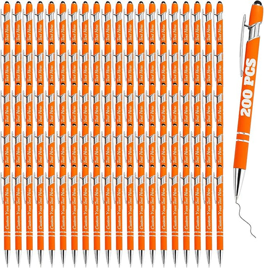 Personalized Pens Bulk 200 with Name Custom Engraving Ballpoint Pens with Stylus Tip Customized Smooth Writing Pens Personalized Gifts for Anniversary Birthday or Graduation(Orange,Black Ink)