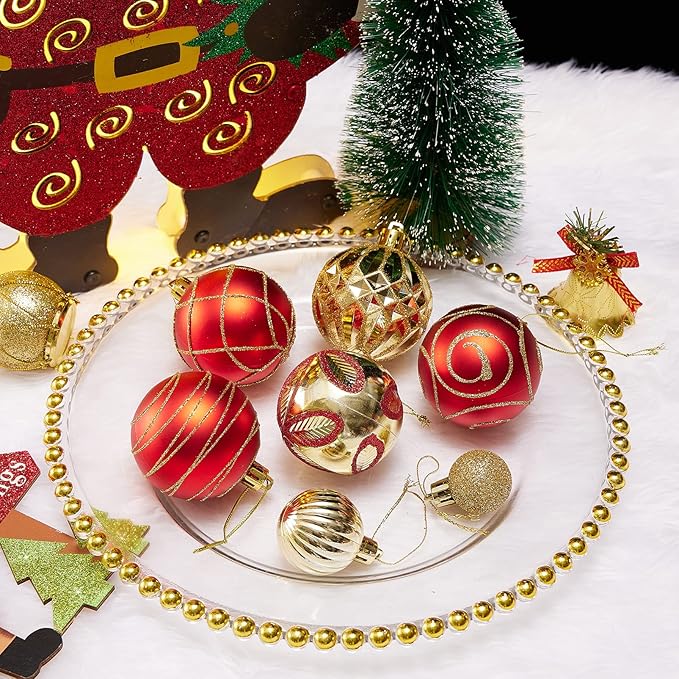 100Pcs Elegant Christmas Ball Set Christmas Tree Ornaments with Glitter and Patterns Bulk Ornaments for Tree as Festive Christmas Decor Xmas Ball Set Red Gold