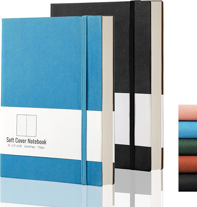 AHGXG Dotted Bullet Grid Journal 2 Pack - A5 Dot Grid Notebook Softcover, Medium 5.75'' × 8.38'', 320 Numbered Pages, 120gsm Thick Dotted Paper, Soft Leather Cover (Black Blue)