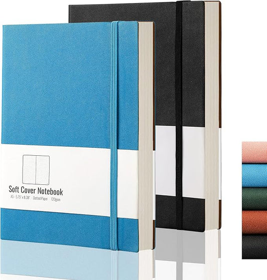 AHGXG Dotted Bullet Grid Journal 2 Pack - A5 Dot Grid Notebook Softcover, Medium 5.75'' × 8.38'', 320 Numbered Pages, 120gsm Thick Dotted Paper, Soft Leather Cover (Black Blue)