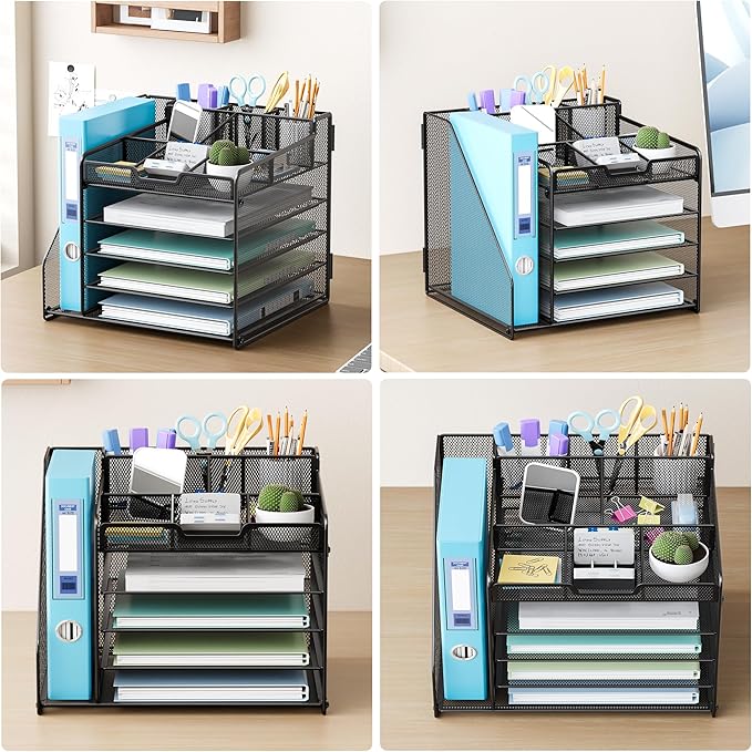 Lavatino Desk Organizer, 5-Tier Metal Mesh Paper Letter Tray with 1 File Holders & 7 Flexible Dividers for Office or Home Desk Organizers and Accessories, Keep Workspace Supplies Neat, Black