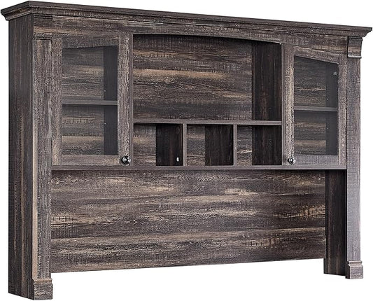 OKD Farmhouse Hutch for 60" Executive Desk, Office Desk Storage Cabinet with Glass Doors and Shelves, Top Hutch Organizer for Home Office - Dark Rustic Oak