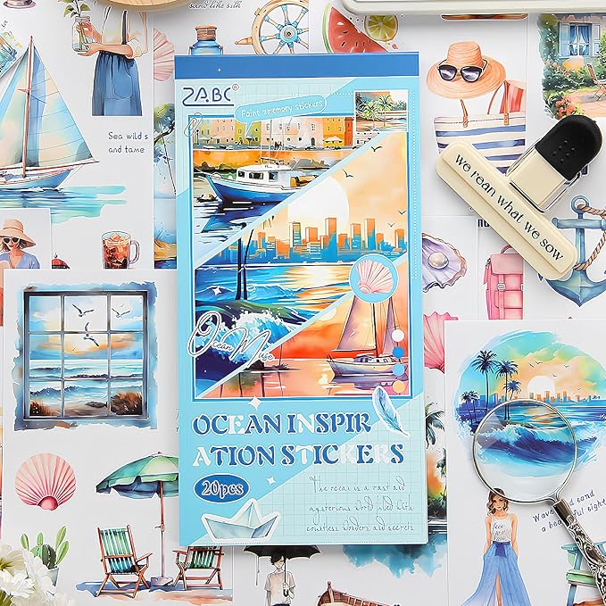 Snycler Blue Ocean Series Sticker Book - 20 Sheets Vintage PET Stickers for Scrapbooking, Junk Journaling, Ephemera, and Decorative Crafts - Pre-Cut Nautical Design Stickers