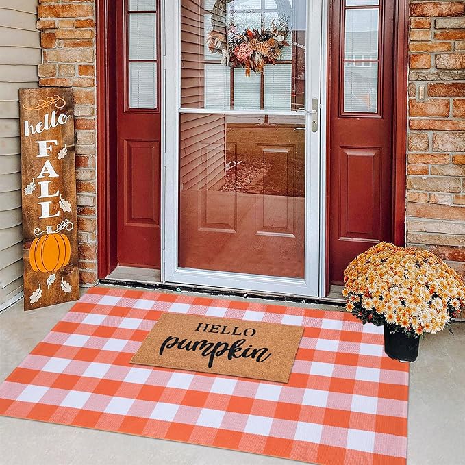Fall Plaid Area Rug 4x6 Ft, Orange and White Buffalo Check Large Farmhouse Cotton Rug, Hand-Woven Washable Indoor Outdoor Carpet for Halloween Thanksgiving Autumn Porch Patio Decor