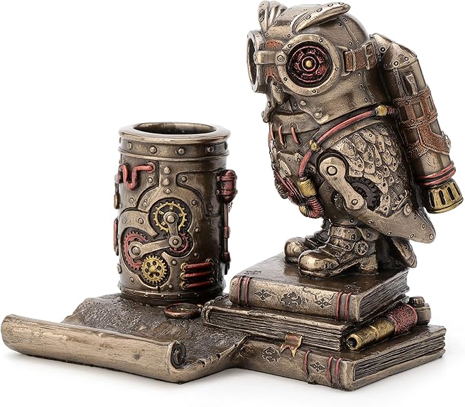 Veronese Design 5 1/4 Inch Steampunk Owl Cell Phone Holder Pen Holder Resin Sculpture Bronze Finish Statue Desk Stand Home Decor Aviation Bird Animal Gift