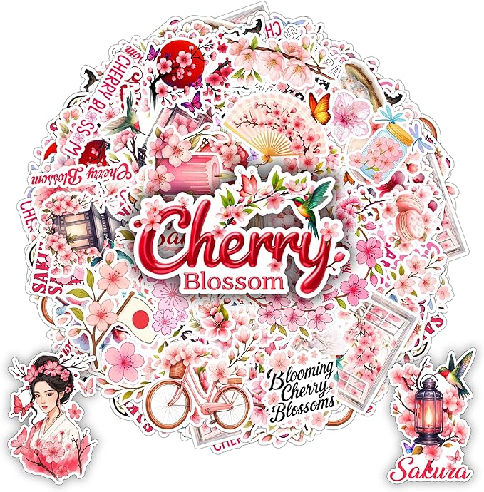105 PCS Cherry Blossom Stickers Pack, Sakura Floral Pink Vinyl Waterproof Decals, Flower Laptop Water Bottle Scrapbook Sticker Gift for Kids Teens Adults Birthday Christmas