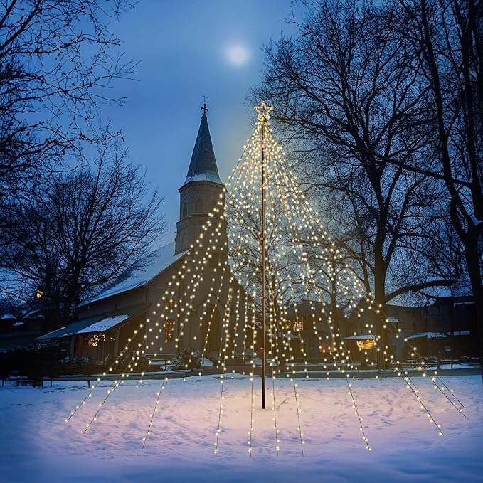 Yescom 4840 LED 20Ft Flag Pole Christmas Tree Light Kit 120V Giant-Sized Outdoor Decoration Event with Star Top 28 String Telescopic for Holiday Display Yard Commercial Carnival Lighting in Park