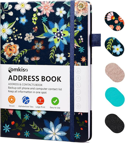 Address Book with Individual Alphabetical Tabs Laminated, Large Print Address Book with 468 Wide Lining Entry Spaces, Change of Address Labels, Hardcover Address Book 5.7 x 8.5" - Bloom
