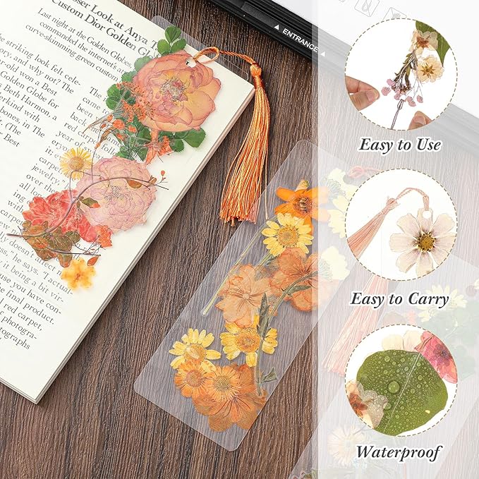 150 Pcs DIY Pressed Dried Flower Bookmark Making Kit, DIY Bookmark Bulk Thanksgiving Teacher Gifts for Reading Women Book Lovers(2 x 6 Inch,Orange Yellow Color)