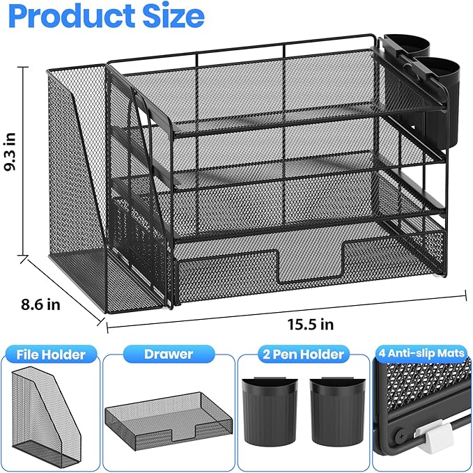 OPNICE Desk Organizer and Accessories, 4-Tier Desktop File Organizer with Drawer and 2 Pen Holders, Office Desk Accessories, File Sorters, Workspace Organizers for Office Supplies(Black)