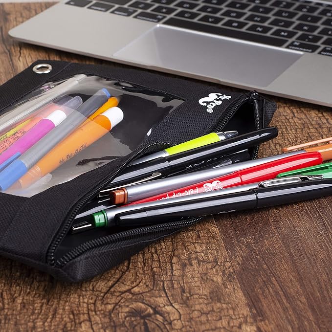 Mr. Pen Fabric Pencil Pouch with 3 Binder Holes, Black, Set of 2