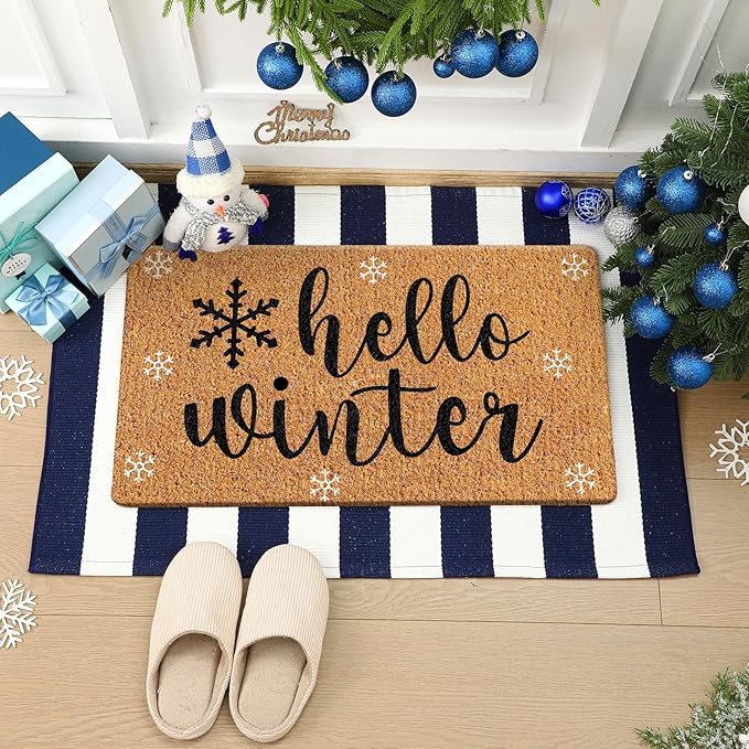 2 Pcs Hello Winter Door Mat Outdoor Snowflake Nature Coir Welcome Outdoor Rug Dark Blue White Stripe Winter Front Door Rugs Non Slip Floor Mats for Indoor Entrance Porch Decor