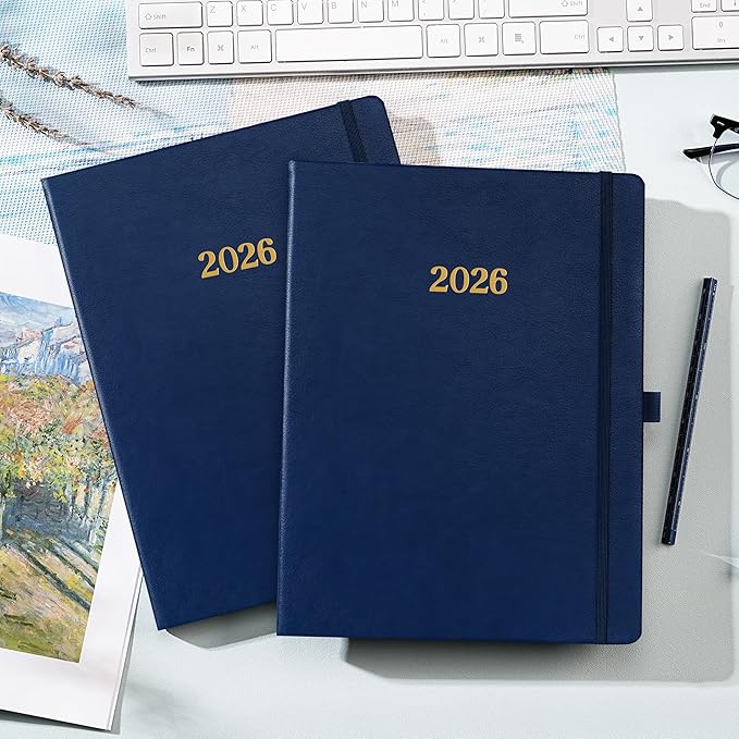 2026 Planner - Planner 2026, Leather Calendar Weekly and Monthly, 9"x11", Jan 2026 - Dec 2026, Leather Hardcover, Pen Loop, Elastic Closure, Pocket - Navy