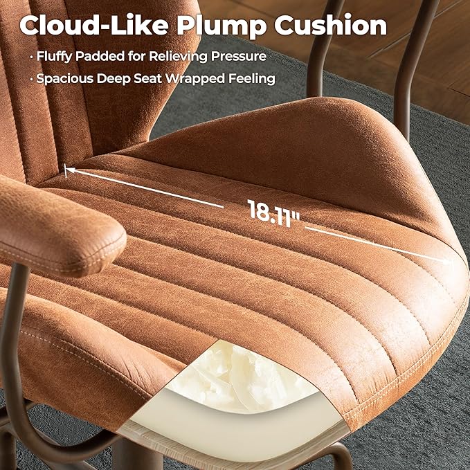 ovios Ergonomic Home Office Chair, Mid-Century Modern Faux Leather Chairs with Padded Armrests, Comfy Mid Back Swivel Rolling Executive Computer Armchair (Brown, Suede Leather)