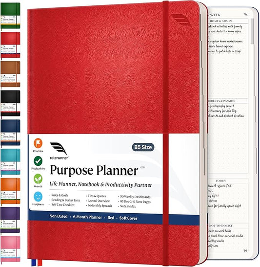 Roterunner Purpose Planner Notebook B5 7.5”x9.8” Undated 2025 Daily Weekly and Monthly Productivity Goal Setting Tool for Work Home ADHD for Adults Self Care Journal