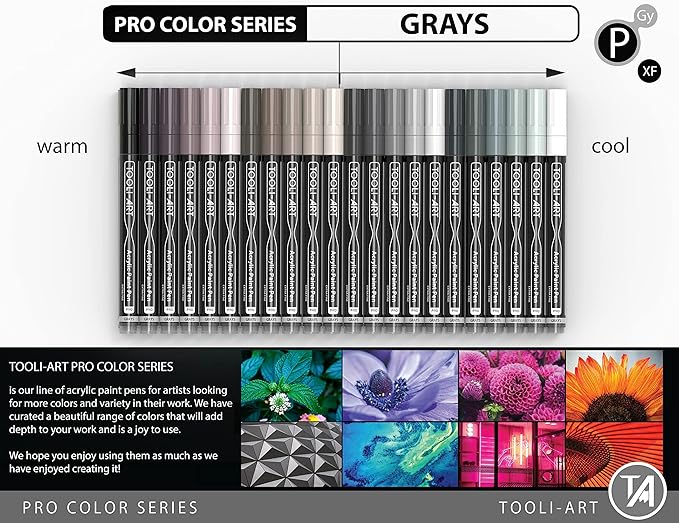 Acrylic Paint Pens 22 Gray Tones Assorted Pro Color Series Markers Set 0.7mm Extra Fine Tip for Rock Painting, Glass, Mugs, Wood, Metal, Canvas, Projects, Non Toxic, Waterbased, Quick Drying