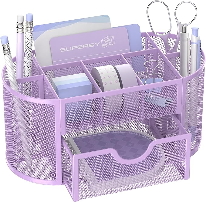 SUPEASY Mesh Desk Organizer, Desk Accessories & Workspace Organizers with Drawers, Pencil Holder for Desk with 9 Compartments for Office Suppliess, 8.6 x 4.3 x 4.1 Inch, Purple
