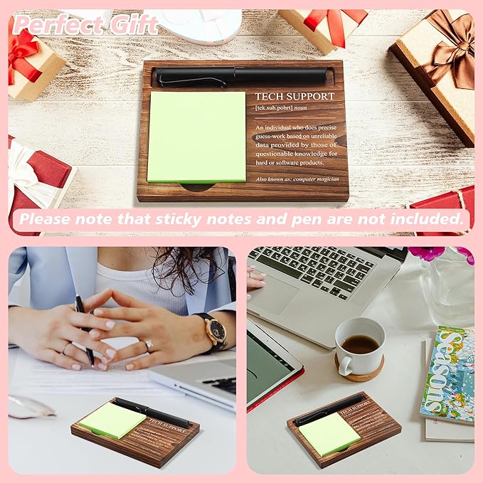 Tech Support Sticky Note Holder Wooden Notepad & Pen Holder 6.5" x 4.7" Sticky Note Pad Holder Dispenser for Desk Tech Support Definition for Technician IT Manager Work Appreciation Gifts, NPA242