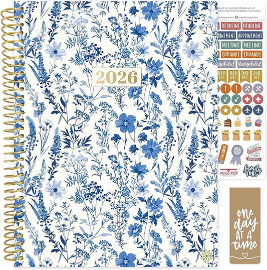 bloom daily planners 2026 Planner (January to December) - 8.5” x 11” Weekly & Monthly Dated Agenda Organizer Book with Stickers & Tabs - Flexible Soft Cover - Blue & White Floral
