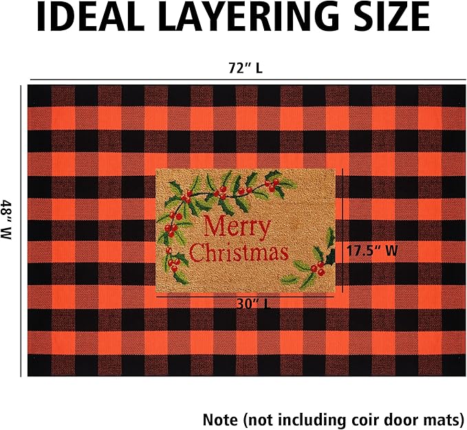 Fall Plaid Area Rug 4x6 Ft, Orange and Black Buffalo Check Large Farmhouse Cotton Rug, Hand-Woven Washable Indoor Outdoor Carpet for Halloween Thanksgiving Autumn Porch Patio Decor