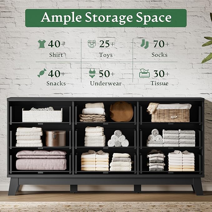 Fluted Dresser with 9 Drawers, 63" Wide Modern Chest of Drawers with Metal Handle, Wooden Dresser TV Stand, Wood Closet Clothes Storage Organizer for Bedroom, Living Room, Hallway, Solid Black