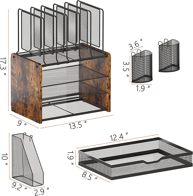 Piskyet Desk Organizer and Accessories, Wooden Desk File Organizer with Drawer,5 Vertical File Holders and 2 Pen Holders,Fancy Desktop Storage for Home Office