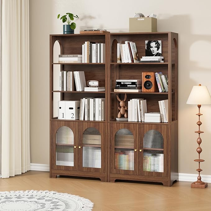 RARZOE Set of 2 Bookshelves and Bookcases, 5-Tier Arched Bookshelf with Glass Doors, Floor Standing 5 Shelf Book case, Wood Display Cabinet Storage Organizer for Living Room, Bedroom, Office(Walnut)